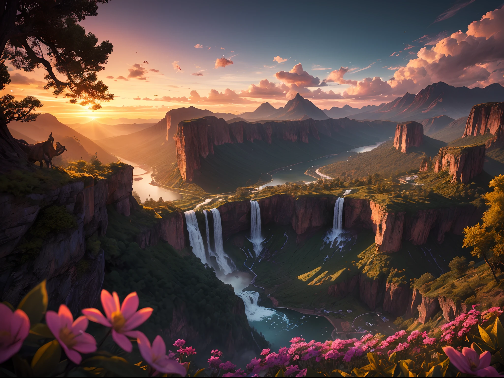 very intricate details mountain atmosphere with waterfalls at sunset, birds flying, colorful trees and beautiful flowers, highly intricate and hyperdetailed photography, 8k resolution, perfect composition, high contrast, cinematic, atmospheric, epic, HDR, masterpiece, dramatic, trending on Artstation, dynamic lighting, sunset light casting striking shadows