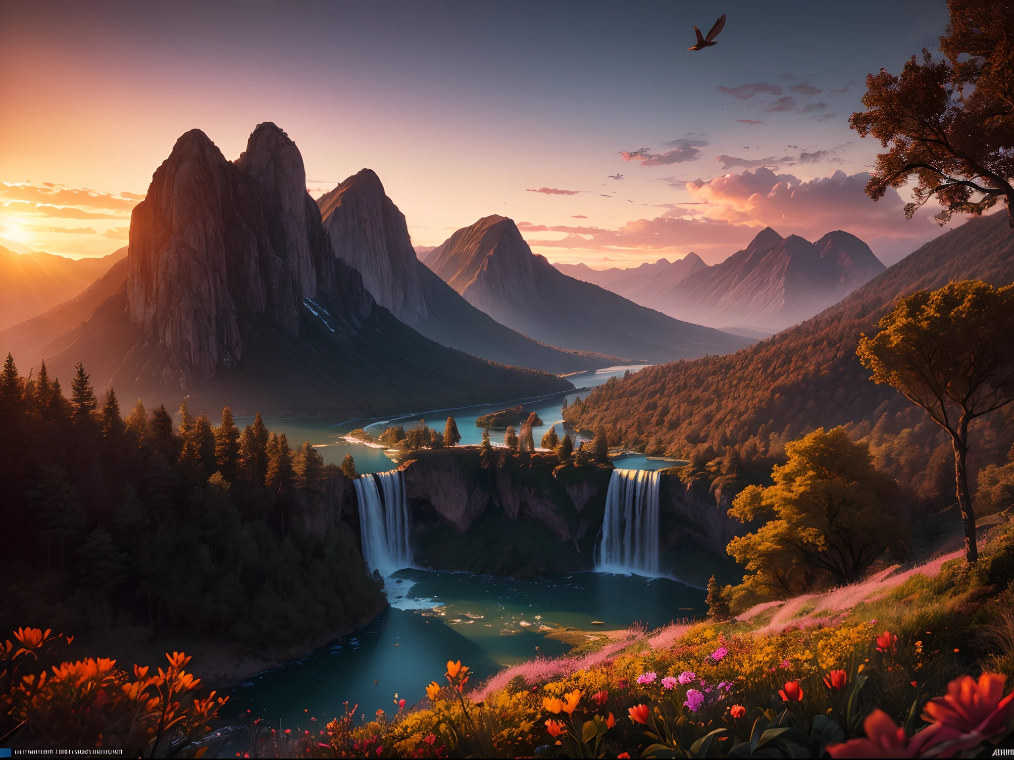 very intricate details mountain atmosphere with waterfalls at sunset, birds flying, colorful trees and beautiful flowers, highly intricate and hyperdetailed photography, 8k resolution, perfect composition, high contrast, cinematic, atmospheric, epic, HDR, masterpiece, dramatic, trending on Artstation, dynamic lighting, sunset light casting striking shadows