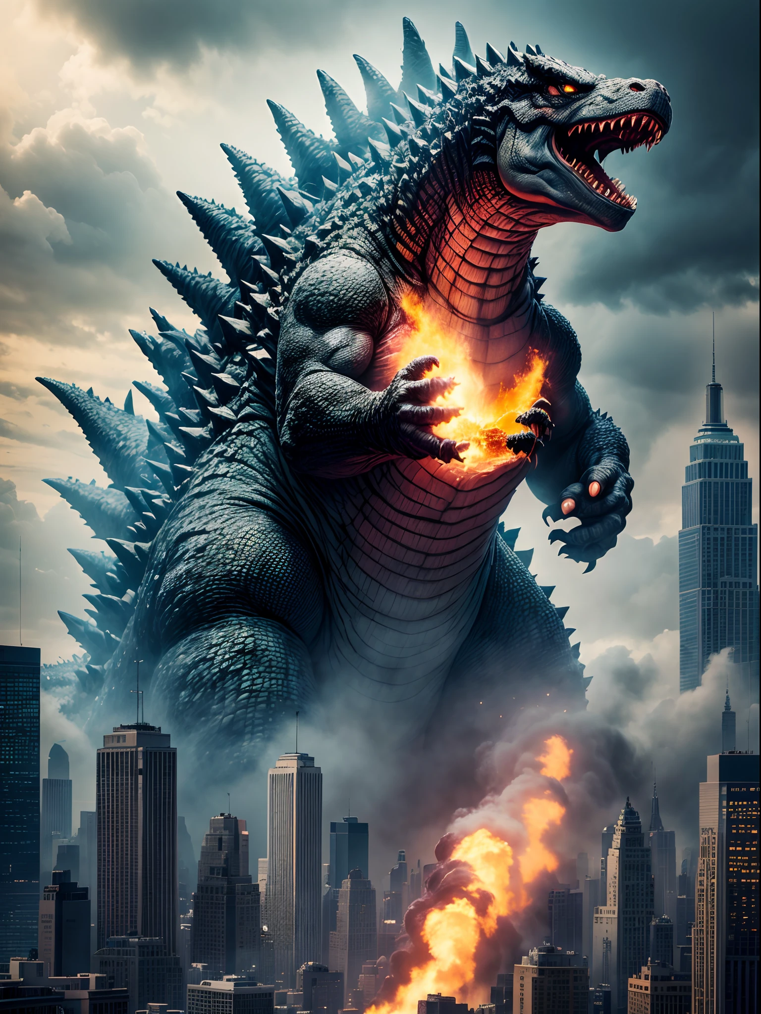 Godzilla lands on the streets of New York、Destroying the city、Crumbling buildings、Broken Brooklyn Bridge、Fleeing person々々、a scene from a movie、Giant monster、Cinematic lighting、Stunning image quality、top-quality、8K,​masterpiece:1.4、Aerial view、Too huge、Bigger than Bill