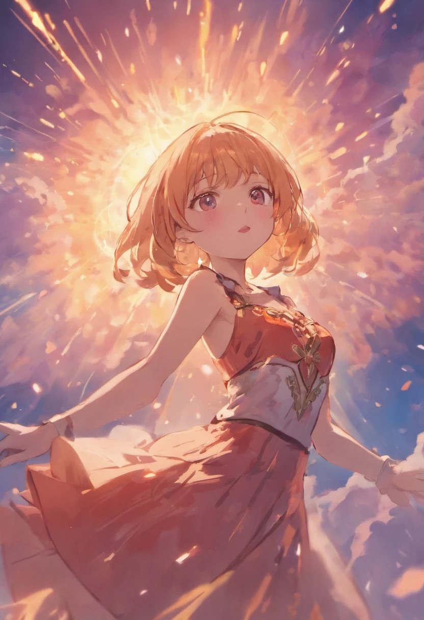 tmasterpiece,best qualtiy,cinematic Film still from,1girll,Cloud Girl,Frontal photo,Delicate and beautiful face,Standard facial features and limbs,Normal hands,Arms spread wide,ssmile,Floating in the sky,closeup cleavage,brightly,cheerfulness,Warm and soft lighting,the sunset,(spark of light:0.7)