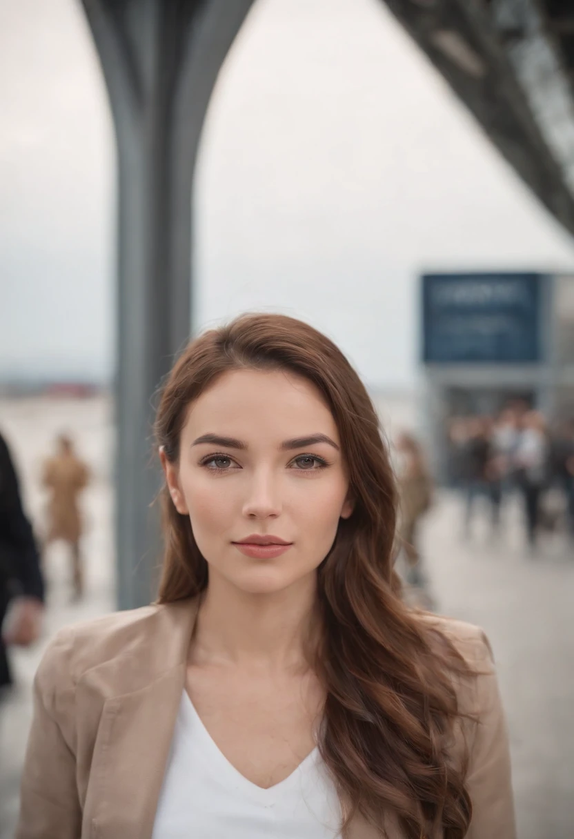 Cinematic portrait, ((medium close-up)), facing the audience, (Reality :1.3), a woman looking into the camera, professional pilot, pilot costume, detailed beautiful faces, action shots, airport background, background blur, joyful atmosphere, daytime, photo realistic, CG, art station