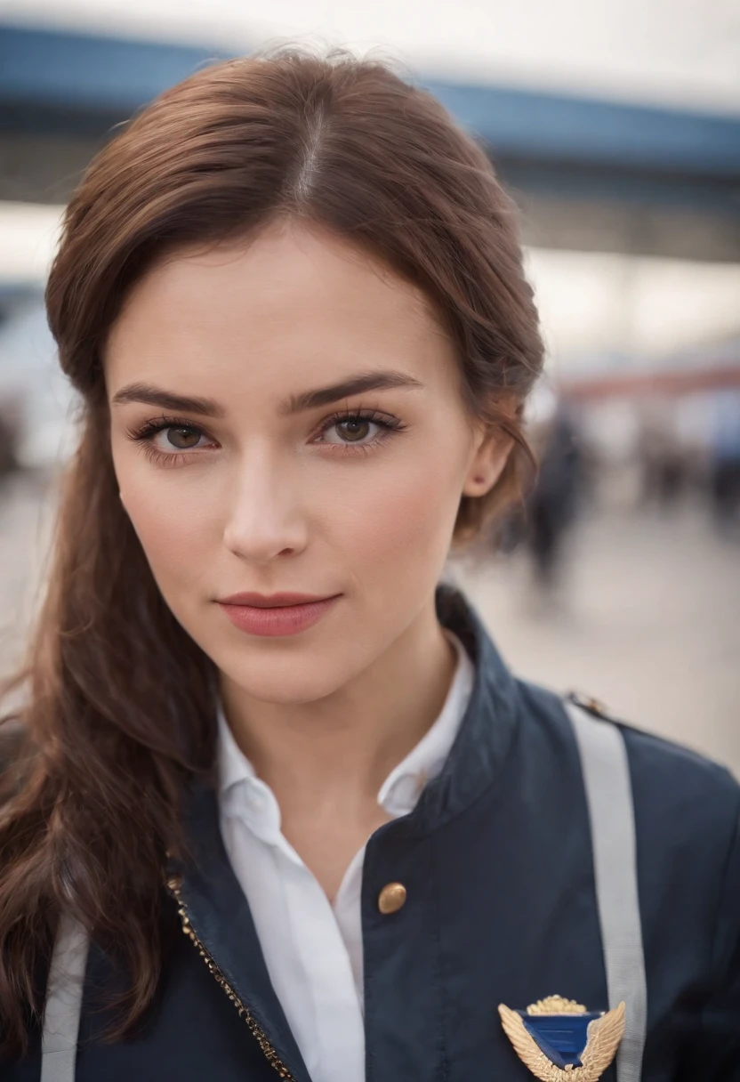 Cinematic portrait, ((medium close-up)), facing the audience, (Reality :1.3), a woman looking into the camera, professional pilot, pilot costume, detailed beautiful faces, action shots, airport background, background blur, joyful atmosphere, daytime, photo realistic, CG, art station