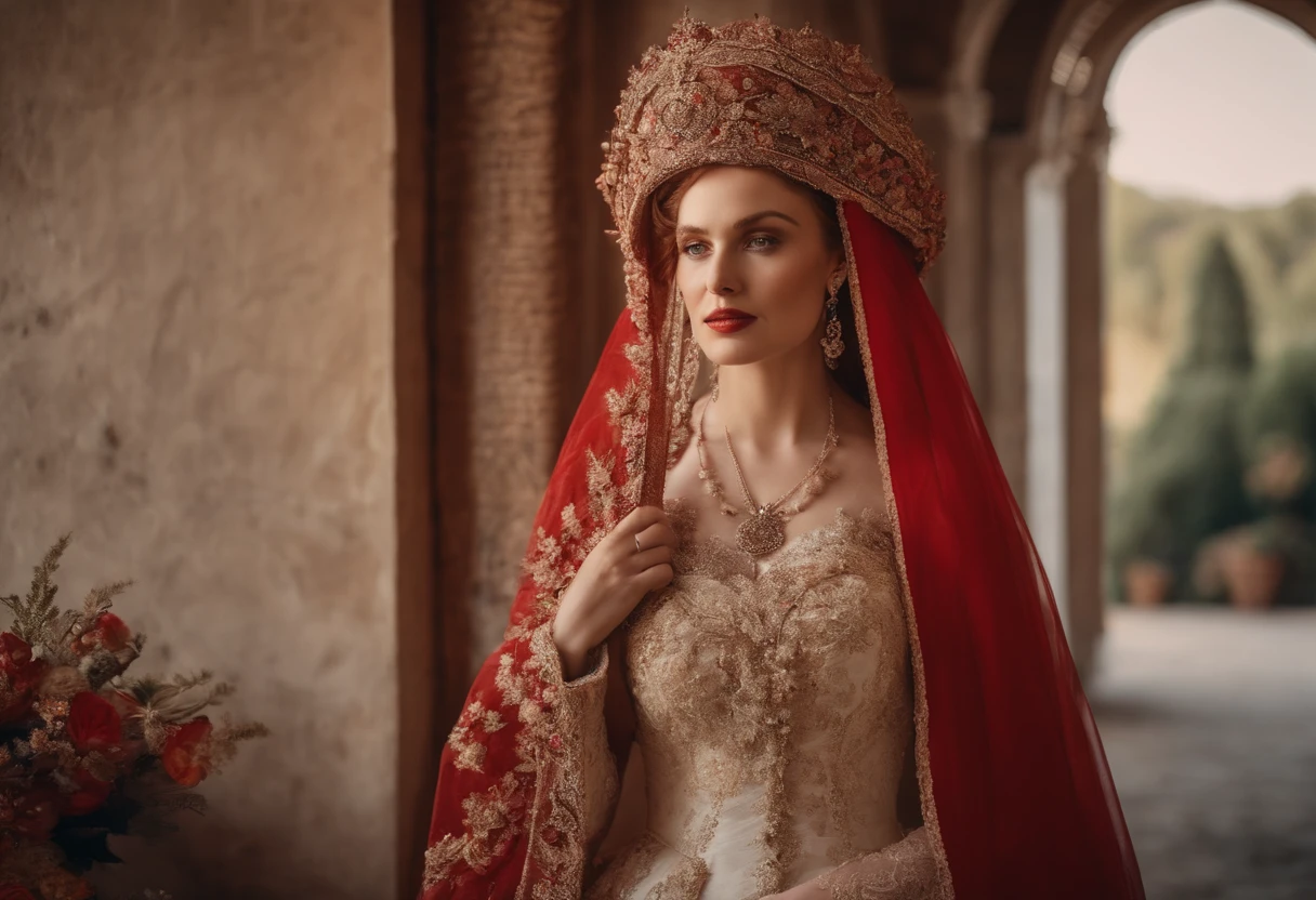 Women look very old, very ugly, terrible machiavellian wedding dresses with a headscarf, making the needle in the chest bleeding. , Red-Haired