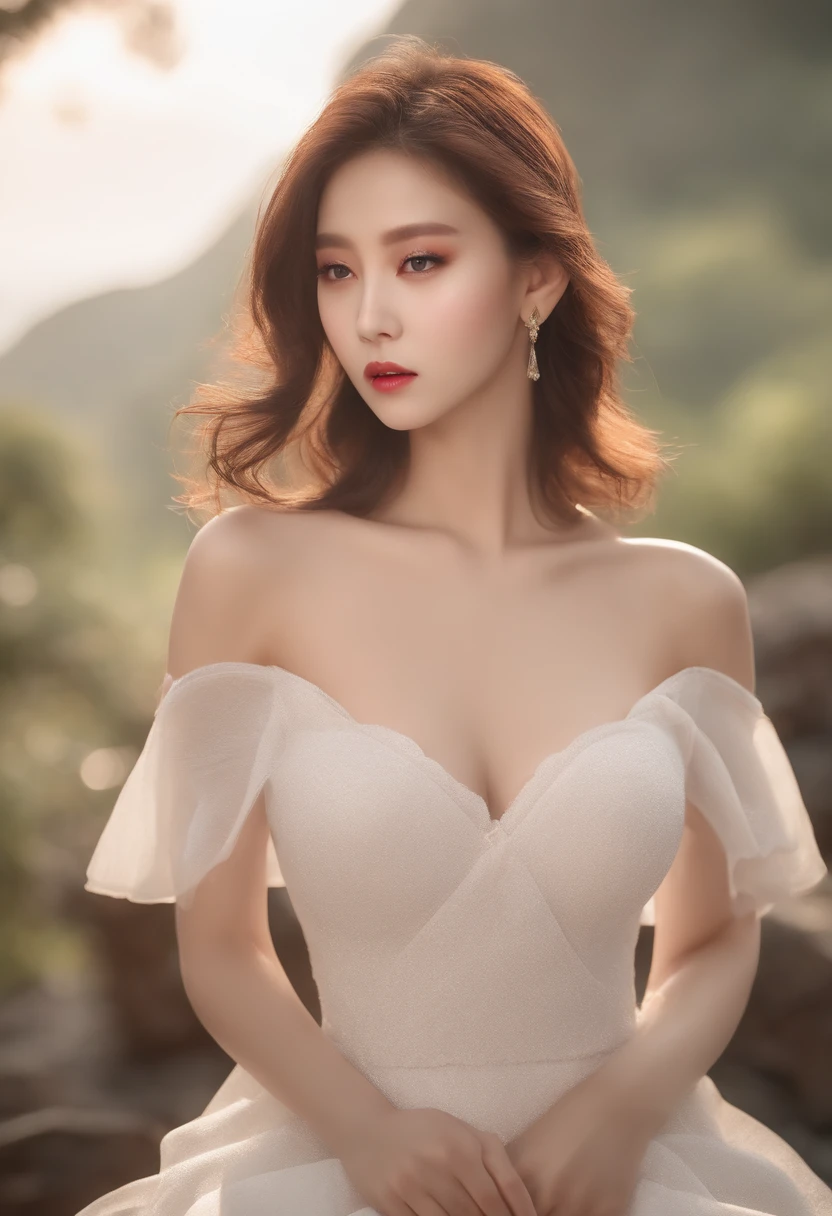 photorealistic, lifelike woman, (very detailed background:1.0), (highly detailed background:1.0), (Masterpiece), High Quality, 1girl, woman, tattoo, irezumi, depth of field, dynamic lighting, high quality shadows, feminine, plunging neckline, breast curtains, Revealing clothes, , white dress, reze, purple hair