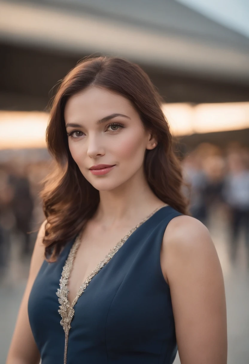 Cinematic portrait, ((medium close-up)), facing the audience, (Reality :1.3), a woman looking into the camera, professional pilot, pilot costume, detailed beautiful faces, action shots, airport background, background blur, joyful atmosphere, daytime, photo realistic, CG, art station