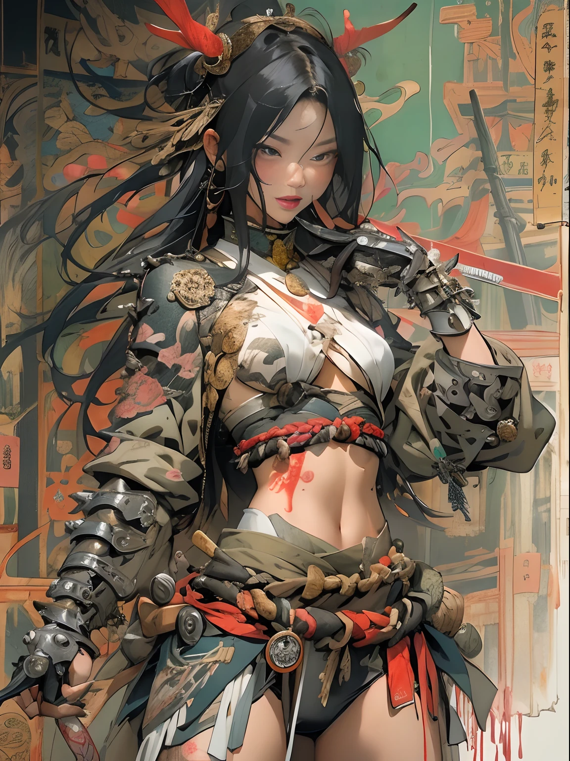 (((woman))), (((best qualityer))), (((tmasterpiece))), (((AS-Adult))), ((( Japanese ))), Look up from your knees, A beautiful asian samurai woman with perfect body, Modern samurai, ((( Asian))), Wear gloves on your hands，The left arm is made of steel and metal tips，Made of protective devices, The eyes are pulled, (( Appears below the breast )), (( Small dental floss )), Simon Bisley, Almost naked（Simon Bisley）Castle City Wilderness，For high-resolution posters, hair straight, Minimum clothing, armure (Crazy clothes ), Full of tips and rivets, tribal tattoos, (((full bodyesbian))), Straight brunette hair，Colored hair ends