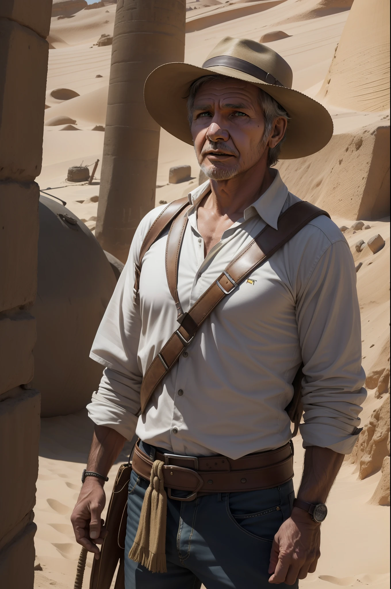 Obra prima , RAW Camera, ultra realista, Harrison Ford , indiana Jones , ator de filmes , corpo inteiro , jaqueta de couro velha , camiseta cor bege , hat on head , e bolsa de lado e chicote enrolado , fundo deserto , Egito , Pharaoh's tomb ,8k