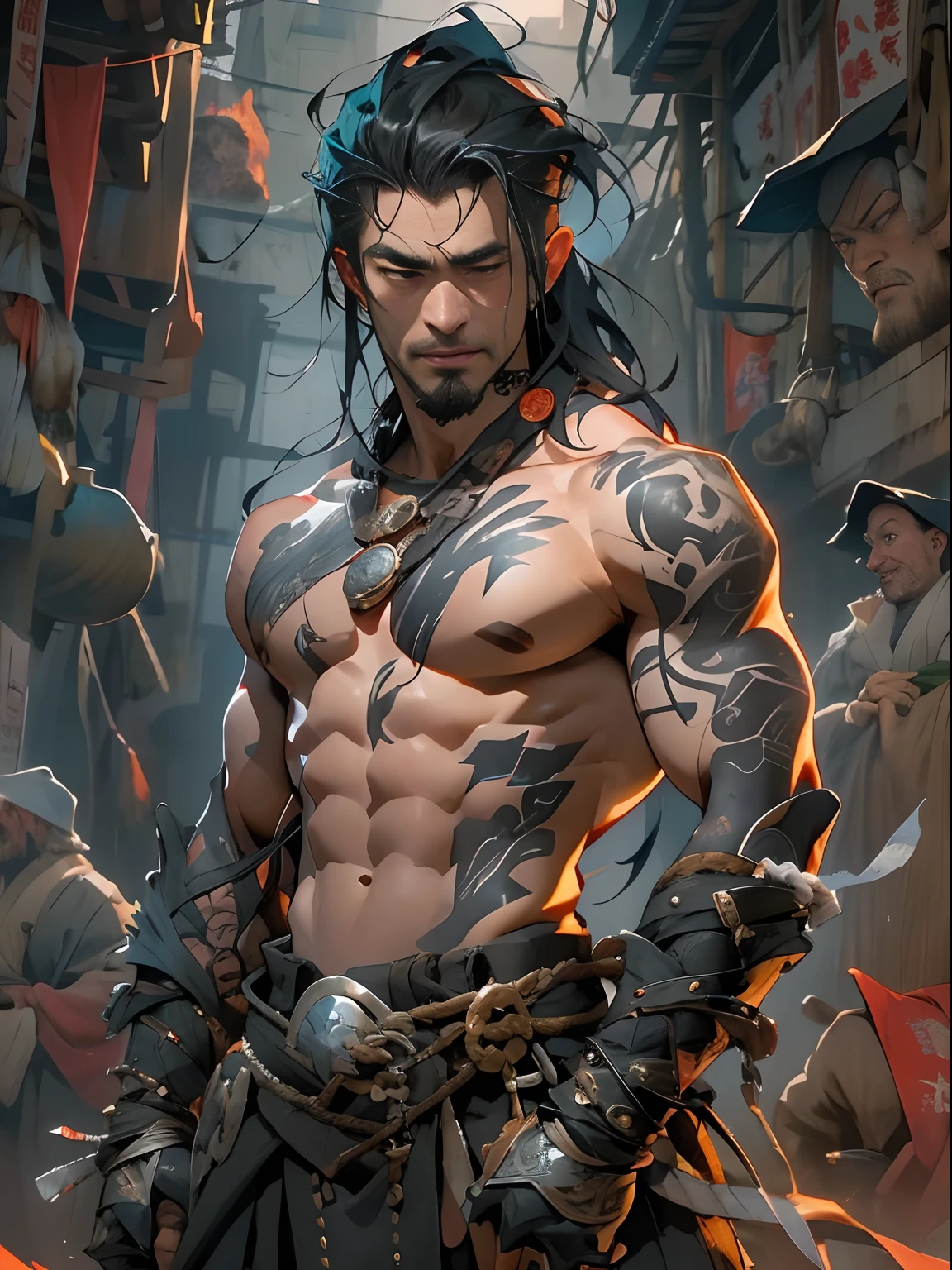 Un primer plano de un hombre rudo con tatuajes en el pecho y brazosas,en un gimnasio de boxeo,Chico guapo en el arte de Demon Slayer, Personaje masculino de anime, Arte detallado del personaje de anime, inspired by Itō Ogura Yonesuke, muscular character, Personaje de anime, Estilo anime masculino, Personaje de estilo anime, inspired by Munakata Shikō, Cuerpo completo del personaje, Arte digital de Danganronpa,alta calidad,muy detallado,pelo corto,ojos oscuros,mirada desafiante,cadenas,sin camisa,reloj,pulceras,tatuajes detallados por todo el cuerpo,