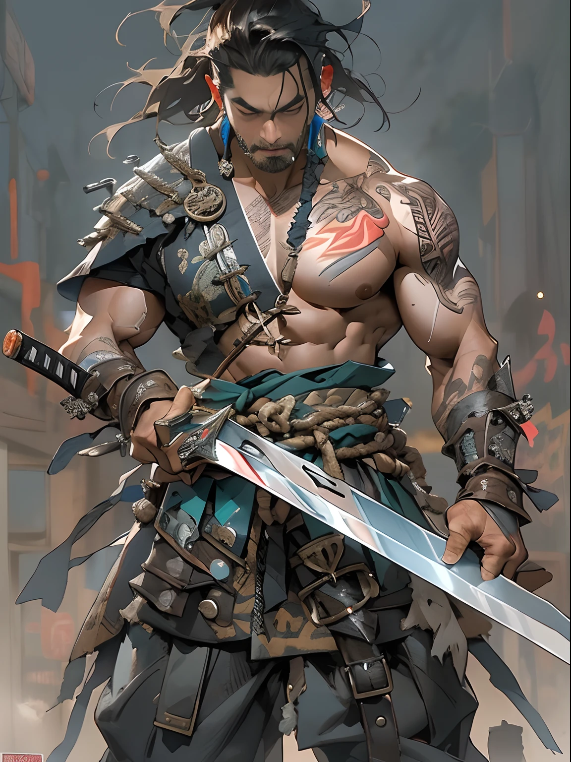 (((mtu))), (((best qualityer))), (((tmasterpiece))), (((AS-Adult))), ((( Japanese ))), Look up from your knees, Handsome Asian samurai,perfect body figure, Modern samurai, ((( Asian))), Wear gloves on your hands,The left arm is made of steel and metal tips,Made of protective devices, The eyes are pulled, (( Appears below the chest )), (( Small dental floss )), Simon Bisley, Almost naked(Simon Bisley)Castle City Wilderness,For high-resolution posters, hair straight, Minimum clothing, armure (Crazy clothes ), Full of tips and rivets, tribal tattoos, (((full bodyesbian))), Straight brunette hair,Colored hair ends