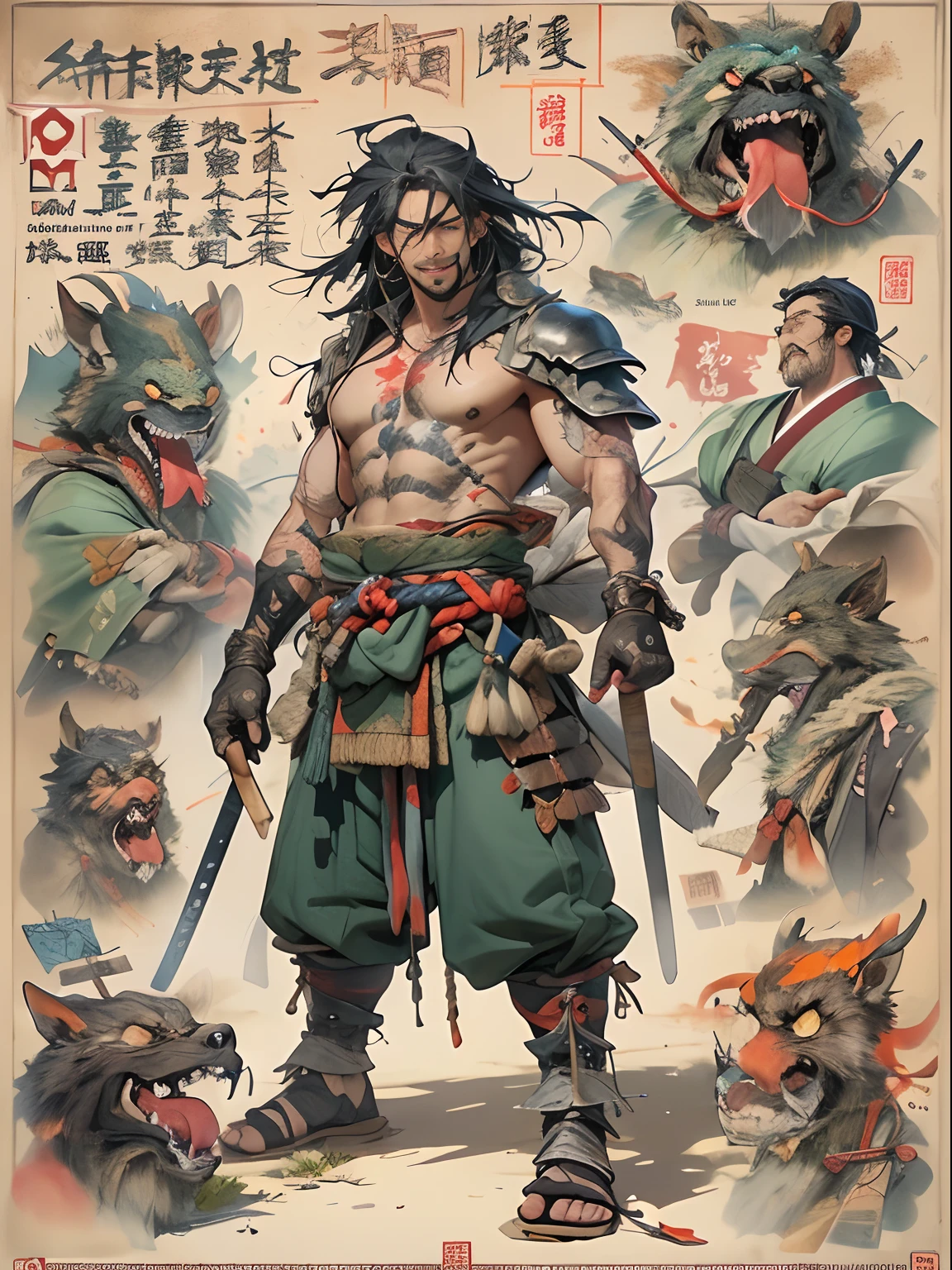 (((mtu))), (((best qualityer))), (((tmasterpiece))), (((AS-Adult))), ((( Japanese ))), Look up from your knees, Handsome Asian samurai,perfect body figure, Modern samurai, ((( Asian))), Wear gloves on your hands,The left arm is made of steel and metal tips,Made of protective devices, The eyes are pulled, (( Appears below the chest )), (( Small dental floss )), Simon Bisley, Almost naked(Simon Bisley)Castle City Wilderness,For high-resolution posters, hair straight, Minimum clothing, armure (Crazy clothes ), Full of tips and rivets, tribal tattoos, (((full bodyesbian))), Straight brunette hair,Colored hair ends