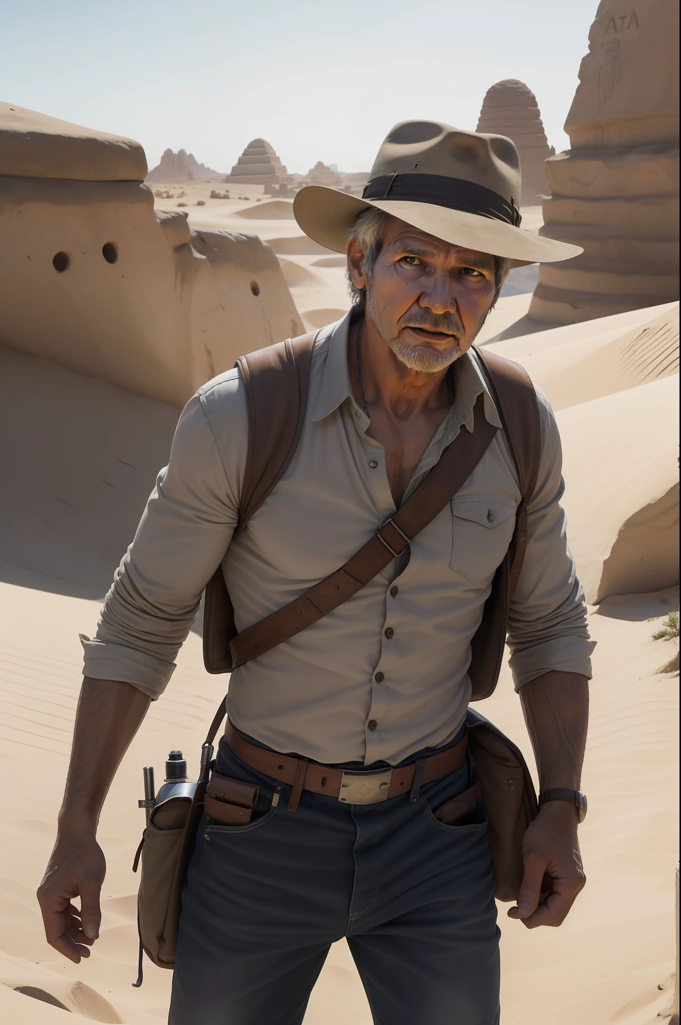 Obra prima , RAW Camera,  ultra realista,  Harrison Ford , indiana  Jones , ator de filmes , corpo inteiro  ,  jaqueta de couro velha , camiseta cor bege ,   hat on head , e bolsa de lado e chicote enrolado , fundo deserto , Egito , Pharaoh's tomb ,8k