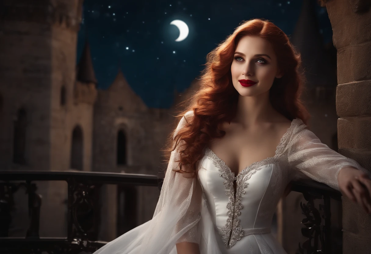 A delicate and beautiful image of a female vampire standing on the balcony of a castle under the stars., (Wearing a bloody white dress.:1.9),Up Close, Super delicate face, dynamic angle, And there's blood in the corners of your mouth.,Hyperfeminin, Gray skin, Red-Haired, (Charming smile:1.5),dark red lips,The eyes glow red and glow., , Black long pointed, Starry sky background, moon, Bats fly around., high-detail, bestquality, 10, masterpiece, bestquality, (ultra-detail), photorealistic portrait, Dark Fantasy Art