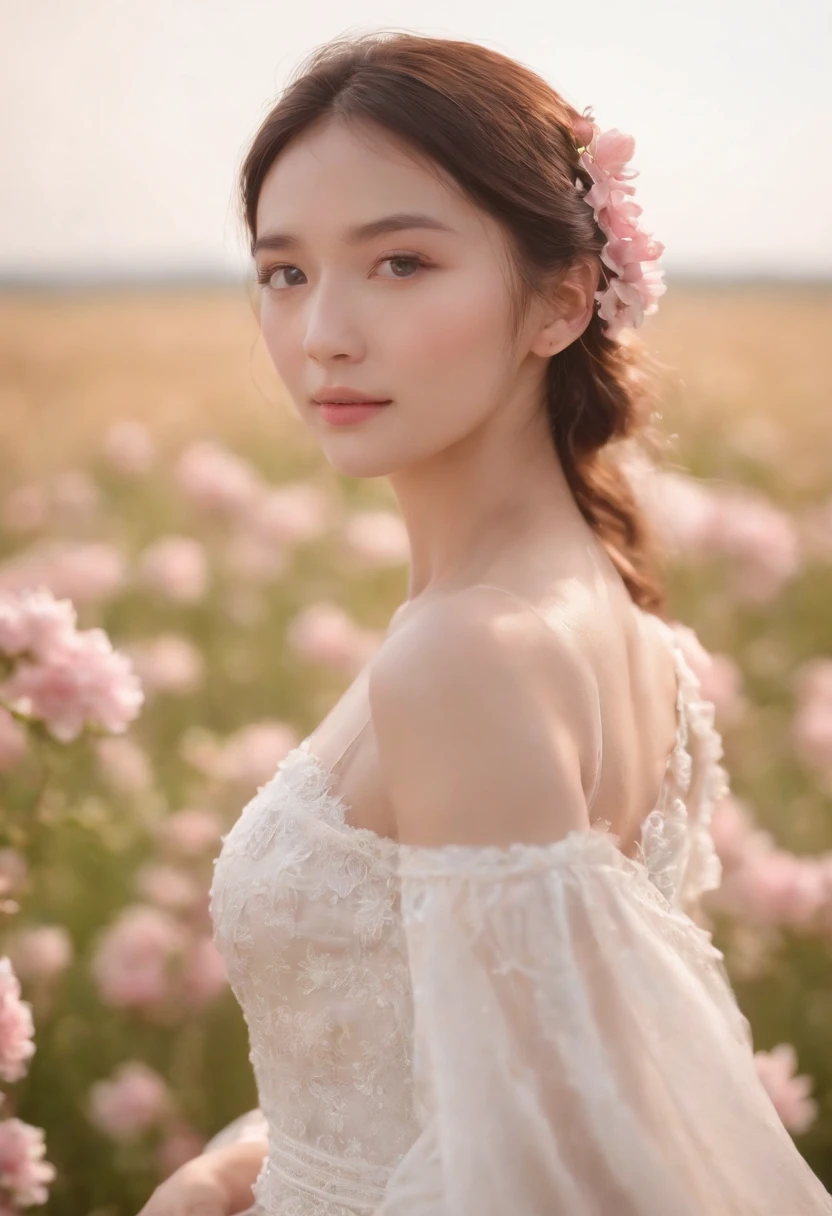 Best quality, Masterpiece, 超高分辨率 (Photorealistic: 1.4), RAW photo, 1 girl, White dress, Bare shoulders, Blooming pink flower field, Glowing skin, Slight smile