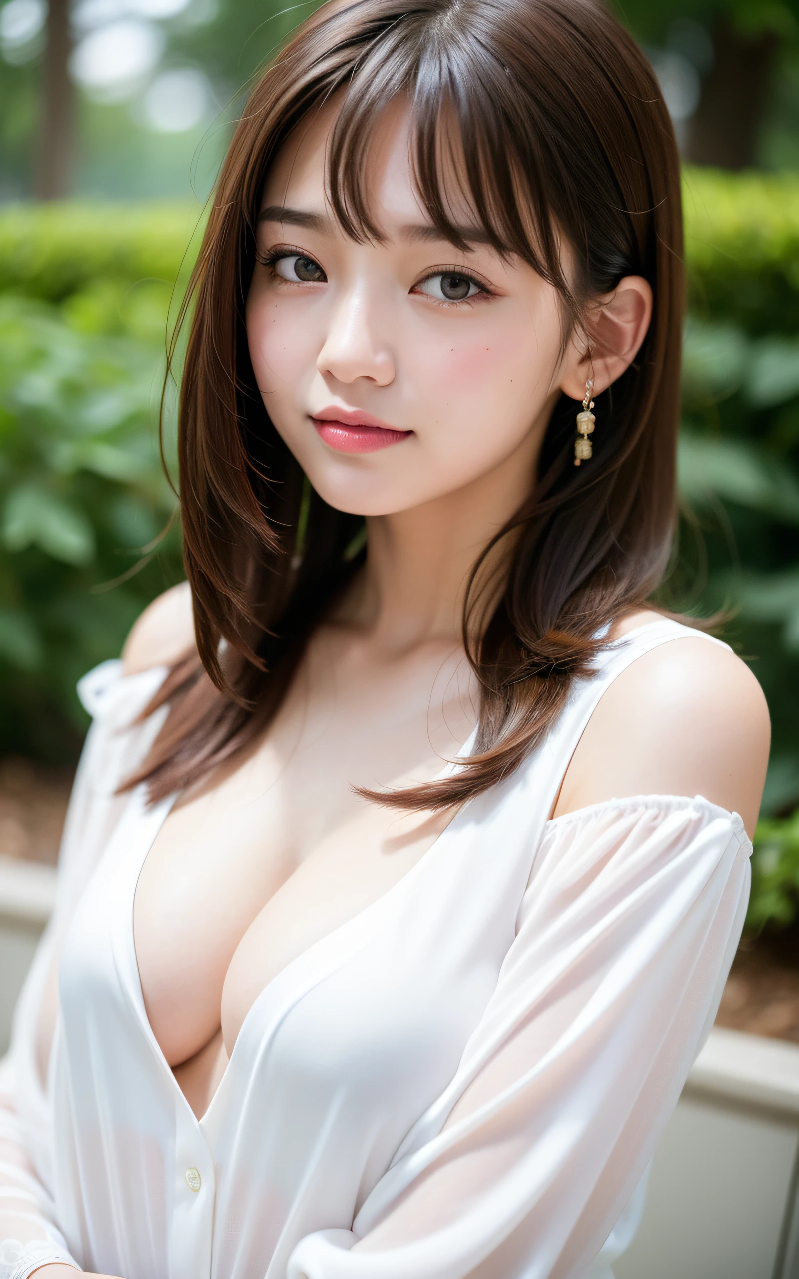 masterpiece, Best Quality, 8K, 1girl, 16 yo, Large breasts, Raw photo, Professional Photography, Portrait, Soft light, Professional Lighting, Solo, Smile, close up, Face, close up, Cute, Girly, Goddess, Delicate girl, Neat and clean beauty, Digital SLR, Looking away, Candid, Sophisticated, Film grain, (Eyes and faces with detailed:1.0), Medium hair swaying in the wind, Bangs, Silk Blouse