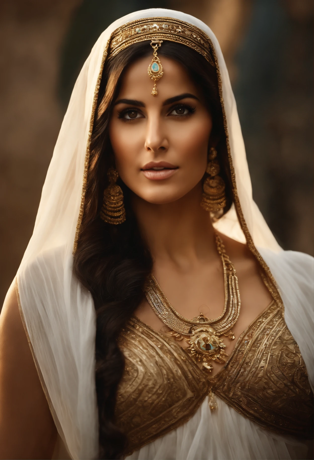 a beautiful ((Katrina kaif:1.2)) as an Egyptian godess, sexy quente, perfeito, Cabelos lisos, long to feet and loose, pele dourada sedosa (Oily lighting) fleshy lips, Egyptian headscarf, jewelry and bracelets (fotorrealista:Fotorealista, 8k Obra-prima), with a gold and white plunging Egyptian garment, tela preta ((fundo preto)), (hiper realista:realista detalhes intrincados), sorrindo: sensual features, (Texture and environment well detailed pure perfect lighting).