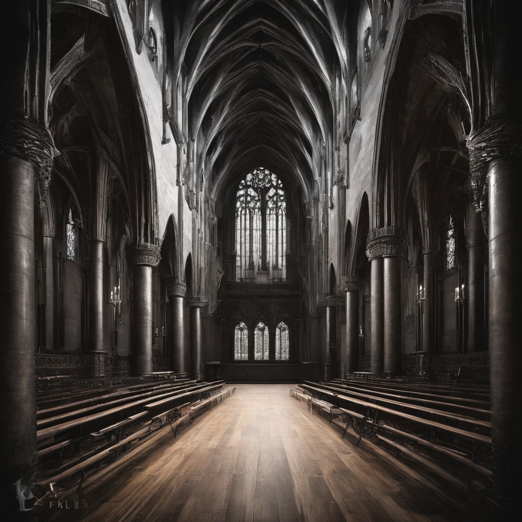 A wide and long Gothic hall with a high ceiling and numerous buttresses with columns, At the end of the hall there is a tall and wide gate made of wood.