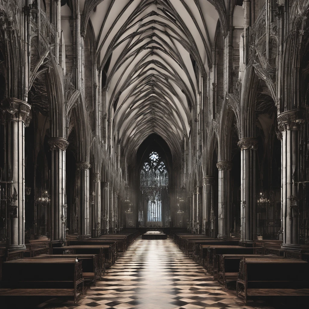 A wide and long Gothic hall with a high ceiling and numerous buttresses with columns, At the end of the hall there is a tall and wide gate made of wood.