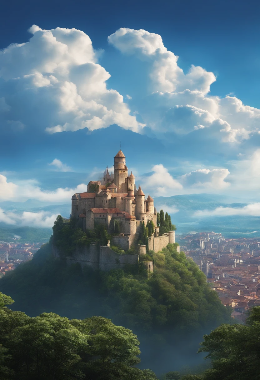 fantastic landscape, Laputa,Castle in the Sky、(Aerial city in the blue sky:1.6)、 the wind, cumulonimbus clouds, cirrus, Thick silhouette, Pointed silhouette, Extreme details, 8K, nffsw, film grains, colourful drawing、Masterpiece、top-quality、blue sky background,