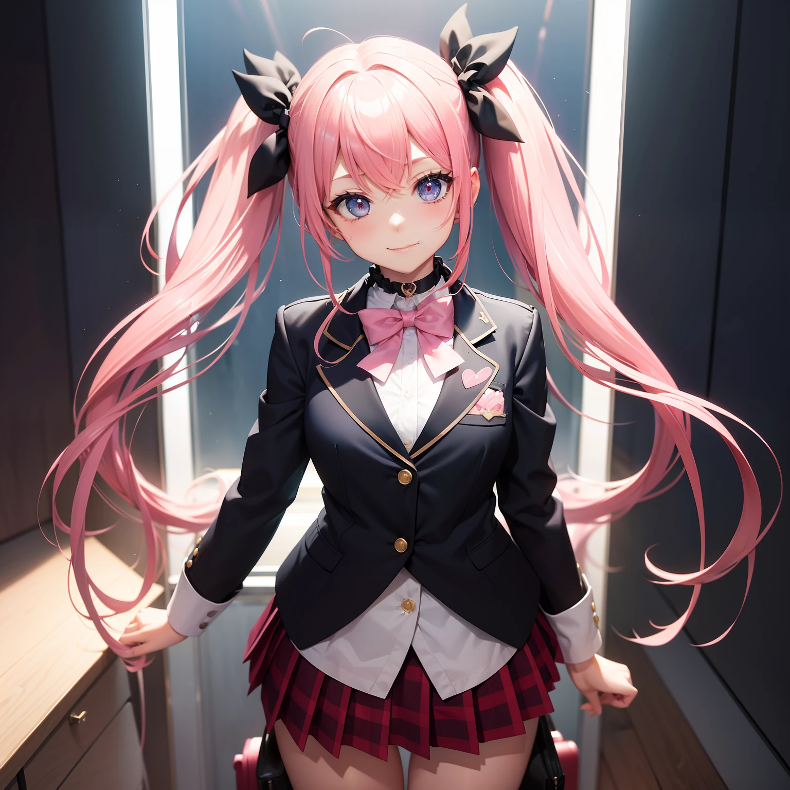 full body Esbian, masutepiece: 1.2, Highest Quality), (Live-action, elaborate details), (1 Lady, Solo, Upper body,) Clothing: Edgy, Navy Blazer, pink miniskirt, High School Uniform , long hair with pink twin tails,、Avant-garde, Experimental appearance: Long pink twin tail hair 、Heart-shaped choker、The location: School, crass room, Solo, Nice smile, spark of light, rainbows、brilliance、Value Creation in Mixed Media Art: individuality, authenticity, Creative expression