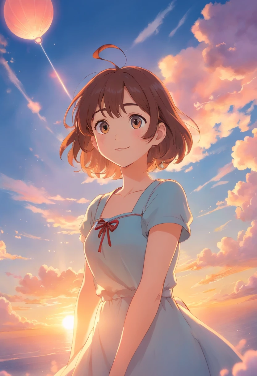 tmasterpiece,best qualtiy,cinematic Film still from,1 tall beauty,Cloud beauty,Frontal photo,Delicate and beautiful face,Standard facial features and limbs,Normal hands,Arms spread wide,ssmile,Floating in the sky,closeup cleavage,brightly,cheerfulness,Warm and soft lighting,the sunset,(spark of light:0.7)