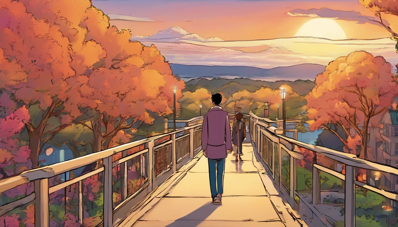 Title: "Twilight Stroll"

Prompt: In a Japanese manga-style comic strip, depict a male character taking a leisurely walk on a bridge during a tranquil twilight hour. The setting features the warm glow of the setting sun, casting a beautiful hue over the scene. Several cars pass by in the background, adding a sense of urban ambiance. Capture the serene atmosphere and the character's contemplative mood as he strolls along the bridge.
