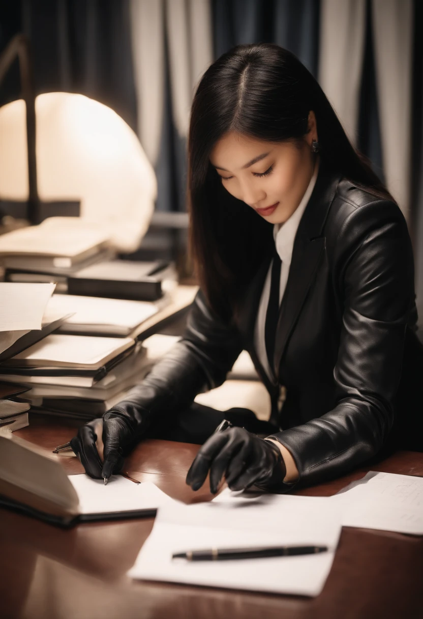 Wearing black leather gloves in both hands, upper body, black business suit, facing the desk in the modern study in the dark, looking down, smiling, writing a letter using a fountain pen, long, straight black hair, young and cute face Japanese female new employee (black leather gloves cover both hands)