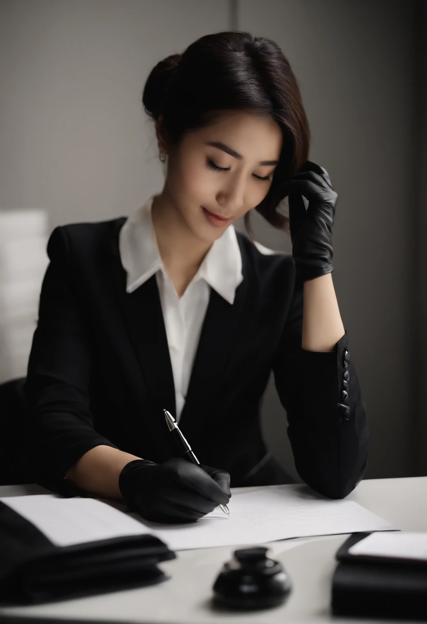 Wearing black leather gloves in both hands, upper body, black business suit, facing the desk in the modern study in the dark, looking down, smiling, writing a letter using a fountain pen, long, straight black hair, young and cute face Japanese female new employee (black leather gloves cover both hands)