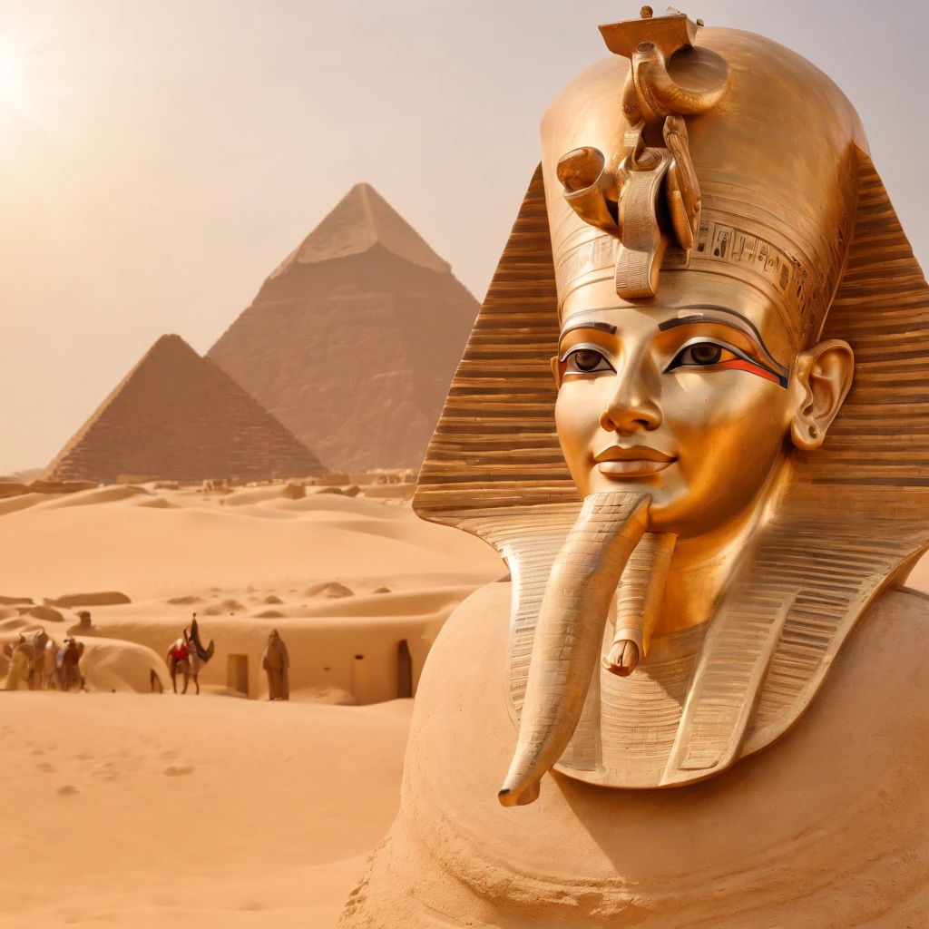 ancient Egyptian Papyrus,mythical,richly textured background,pharaoh with a majestic headdress,ornate jewelry,elaborate hieroglyphics,golden embellishments,detailed carvings,lush and vibrant colors,soft and warm lighting,strong contrast between light and shadow,ethereal and mysterious atmosphere,sand dunes and palm trees in the background,grand and imposing architecture,exotic and ornamental patterns,elaborate winged creatures,enchanted and sublime aura,intense and captivating gaze,divine and god-like presence,grand scale and epic proportions,transcendent and mythical realm,impressive attention to historical accuracy,breathtaking beauty and intricate details of ancient Egypt. (best quality,4k,8k,highres,masterpiece:1.2),ultra-detailed,(realistic,photorealistic,photo-realistic:1.37),Egyptian mythology and legends,ancient gods and goddesses,temple of Karnak,sphinx and pyramids,royal chariot and horses,intriguing and mystical stories,an epic and awe-inspiring journey through the land of pharaohs.
