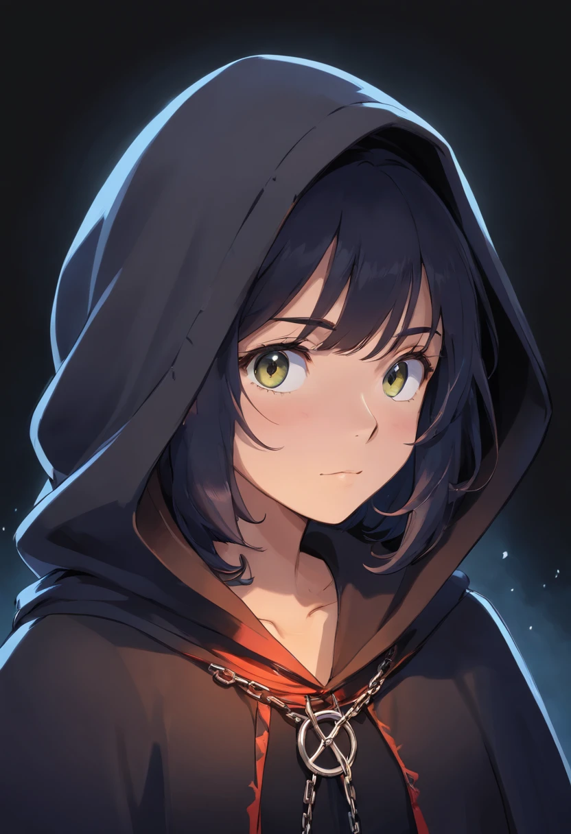 Girl in a black hood, black flowing hair, black mantle, There is a chain around the neck, Black background