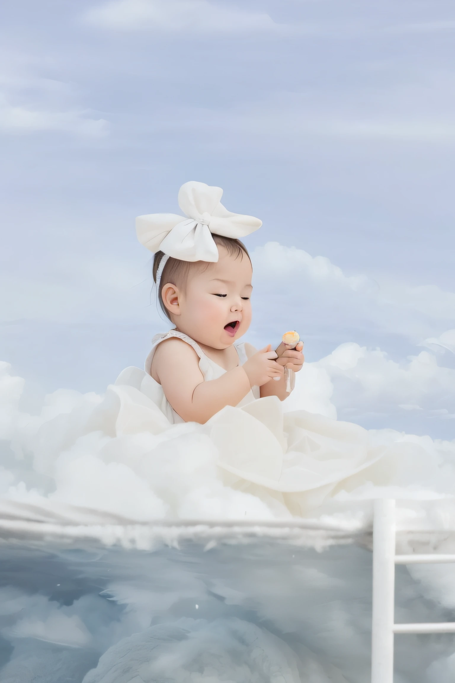 there is a sitting on a ladder in the clouds, lie on white clouds fairyland, sitting in a fluffy cloud, in the white clouds fairyland, in white clouds fairyland, in a cloud, girl clouds, standing on a cloud, running and falling on clouds, “puffy cloudscape, on clouds, in clouds, cotton clouds, cloud goddess,(1girl:1.2),solo,__body-parts__, official art, unity 8k wallpaper, ultra detailed, beautiful and aesthetic, beautiful, masterpiece, best quality, photo realistic , (realistic 1:2), (detail 1:2)