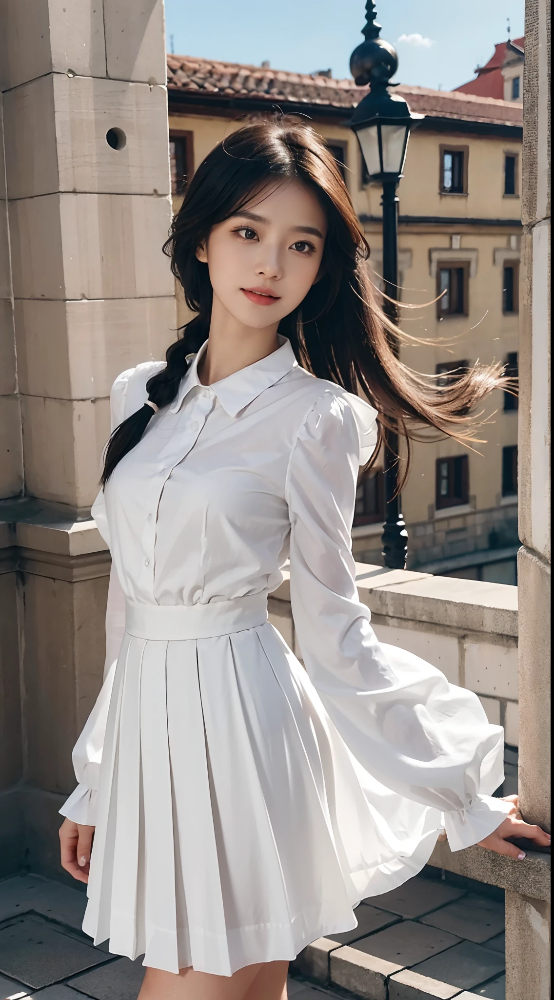A woman in a white dress standing on a balcony - SeaArt AI