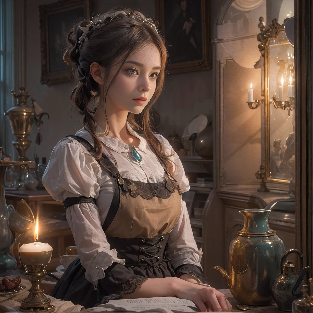 ((best Quality: 1.4)), (Unparalleled Masterpiece), (Ultra High Definition) , (Ultra Realistic 8k CG),(half body image ),(ultra detailed),(maid ),(art by Jean Baptiste Monge), highly detailed maid clothes, half_apron ,stunningly beautiful , highly detailed beautiful hair , highly detailed hairstyle, cinematic, happy ,in old western house, candle lighting, Use a backlighting effect to add depth to the image, Anisotropic Filtering, Depth of Field, Maximum clarity and sharpness, ,8 life size , thicc body:0.8 ,perfect anatomy , symmetrical and balanced, beautiful gradient , sharp focus, golden ratio, Centered image, Beautiful Composition,