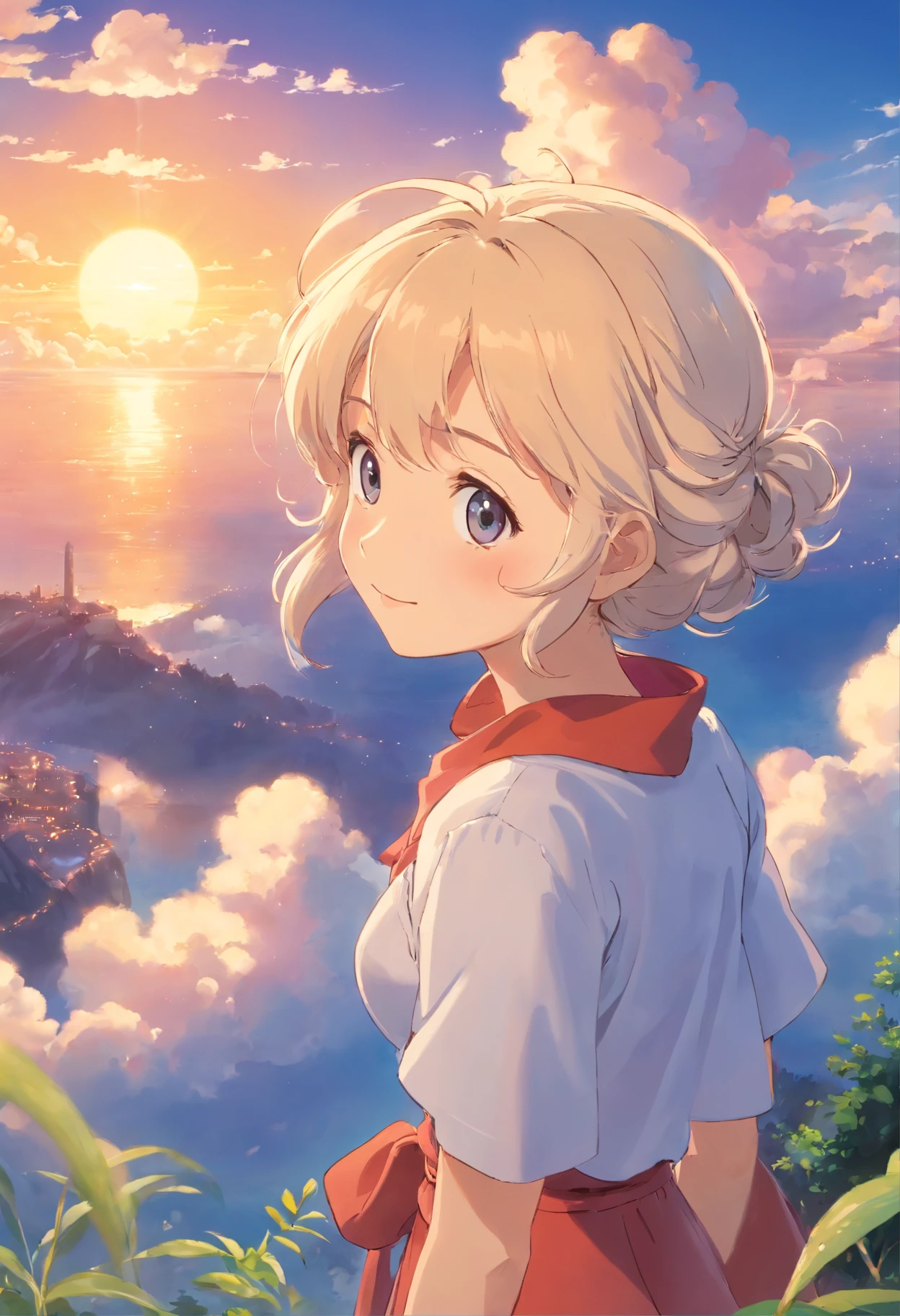 tmasterpiece，best qualtiy，cinematic Film still from，1 tall beauty，Cloud beauty，Frontal photo，Delicate and beautiful face，Standard facial features and limbs，Normal hands，Arms spread wide，ssmile，Floating in the sky，closeup cleavage，brightly，cheerfulness，Warm and soft lighting，the sunset，（spark of light：0.7）