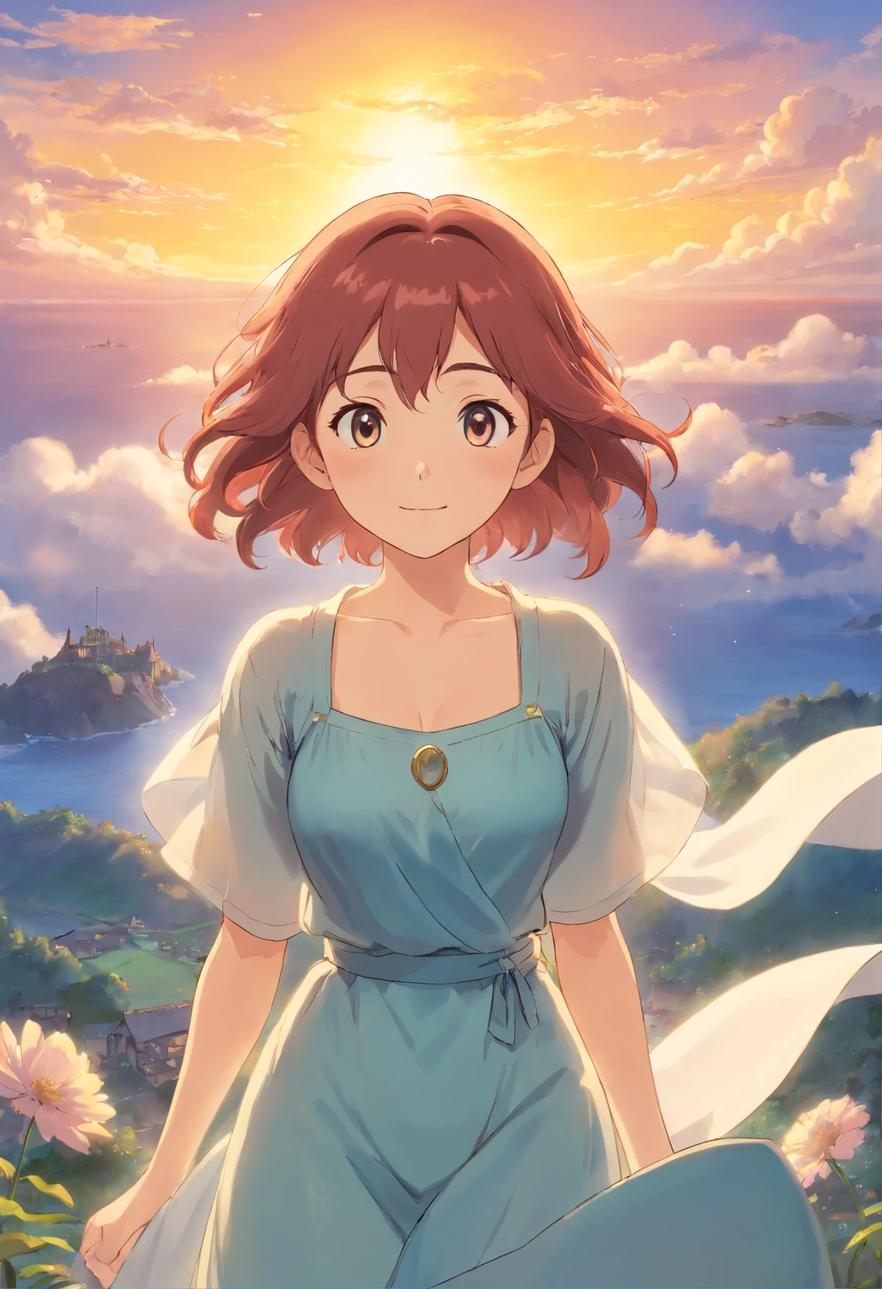 tmasterpiece,best qualtiy,cinematic Film still from,1 tall beauty,Cloud beauty,Frontal photo,Delicate and beautiful face,Standard facial features and limbs,Normal hands,Arms spread wide,ssmile,Floating in the sky,closeup cleavage,brightly,cheerfulness,Warm and soft lighting,the sunset,(spark of light:0.7)