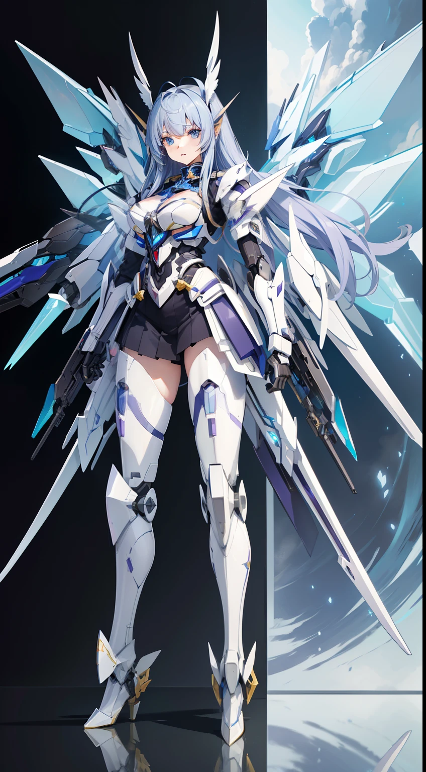 ((masterpiece:1.2)), ((highest quality)), detailed metal texture, perfect ???????,1girl, (Solo:1.5), blue hair, (Mecha girl),  (large wing:1.4)), white outfit, sapphire blue armor dress,((shiny armor, High-gloss armor)), many parts, cleavage, navel, thighs, menacing,(holding weapon), (Combat pose), (action pose:1.3), universe, nebula, aurora, vivid color, hight contrast
