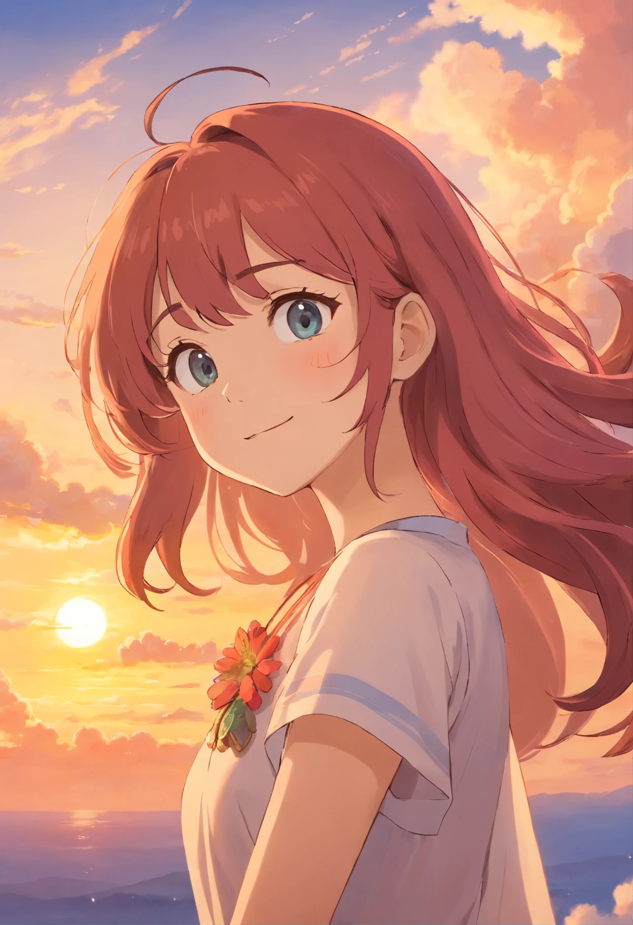 tmasterpiece，best qualtiy，cinematic Film still from，1 tall beauty，Cloud beauty，Frontal photo，Delicate and beautiful face，Standard facial features and limbs，Normal hands，Arms spread wide，ssmile，Floating in the sky，closeup cleavage，brightly，cheerfulness，Warm and soft lighting，the sunset，（spark of light：0.7）