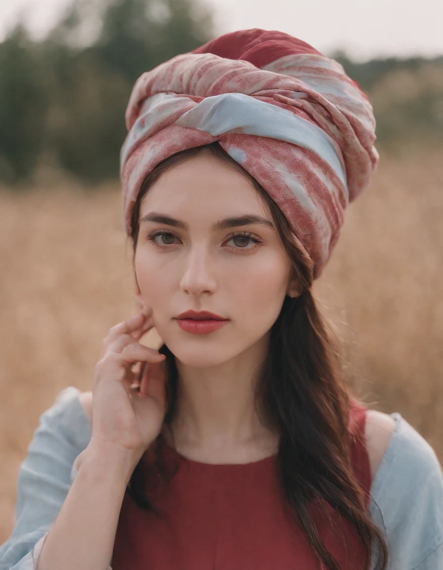 Young woman in hat with a shirt on her head, Light sky blue and crimson style, Fujifilm Pro 400H, kintsugi, Alex Colville, UHD image, Bard style, Fauvist portraiture --