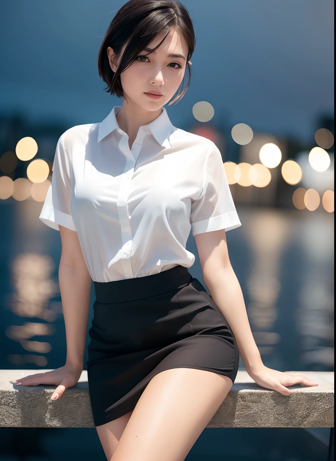 (8k, Best Quality, Masterpiece: 1.2), (Realistic, Photorealistic: 1.37), Super Detailed, 1 Girl, Cute, Alone, Beautiful Detailed Sky, Detailed Cafe, Night, Sitting, Date, ( Nose blush), (smile: 1.15), (close mouth) small breasts, beautiful details, (collared shirt: 1.1), night, wet, business wear, rain, white lace, (short hair: 1.2), floating Hair NovaFrogStyle,