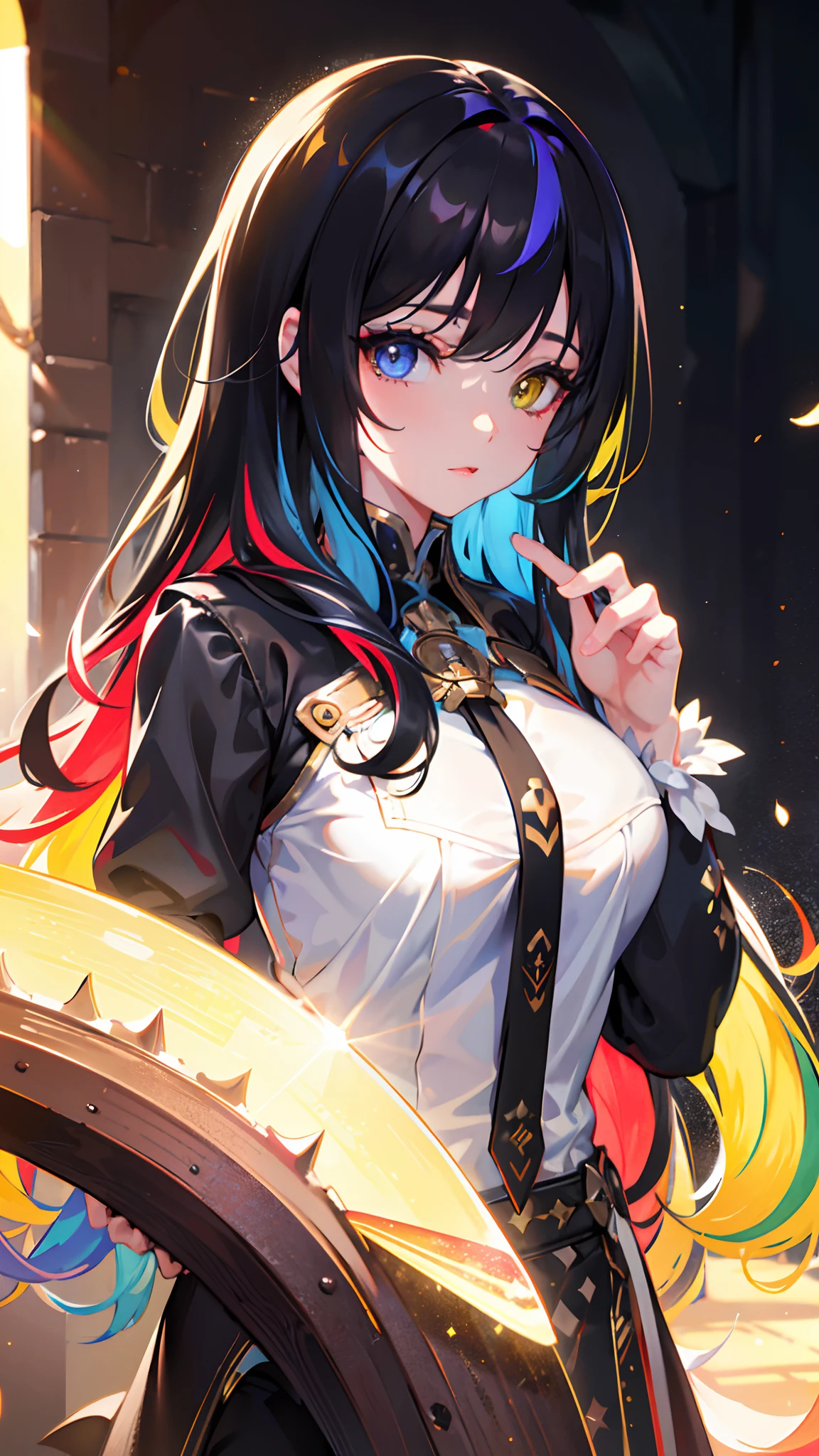 {{masterpiece}}, best quality, extremely detailed CG unity 8k wallpaper, cinematic lighting, lens flare, beautiful detail eyes, black, side glance, multicolor hair, colorful light, particles, heterochromia, (colorful:1.5), (colorful hair:1.5),