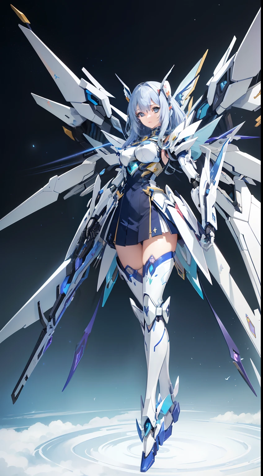 ((Tabletop)), ((Highest quality)), (Ultra-high resolution), Ultra-thin illustration, Highly detailed face, RAW Photos, Professional, Ultra-fine painting, Detailed metal texture, Detailed cloth texture, Perfect Anatomy, Genuine, (alone), ((Beautiful woman dressed as a Mecha angel)), Beautiful breasts, Concept Art, (Combat pose), Detailed science fantasy art, (Beautiful and shiny silver hair), ((Has large and beautiful sapphire blue Mechanical wings)), (Beautiful Blue Eyes), (Beautiful eyes in every detail:1.6), (Mecha:1.6)Sleek and intimidating design, (Action pose), (Pearl white and sapphire blue heavy weapon long-range attack weapon type armor dress is exclusive to Marshals), Starry Sky, Browsing Caution