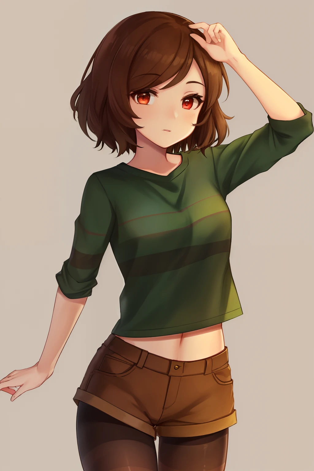 ((best quality)), ((masterpiece)), (detailed), Undertale Chara, brown hair, (brown shorts: 1.3), bob cut, short hair, black pantyhose, (green shirt: 1.3), red eyes, (1girl: 1.3), (solo: 1.3), stripes, striped shirt