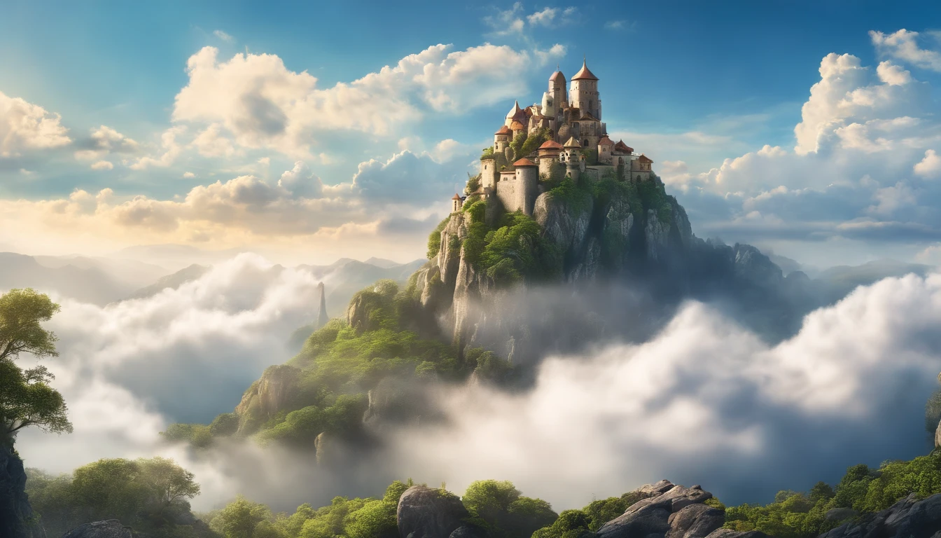 fantastic landscape, Laputa,Castle in the Sky、(City on rocks in the sky:1.6)、 the wind, cumulonimbus clouds, cirrus, Thick silhouette, Pointed silhouette, Extreme details, 8K, nffsw, film grains, colourful drawing、masutepiece、top-quality、Blue Sky Background,