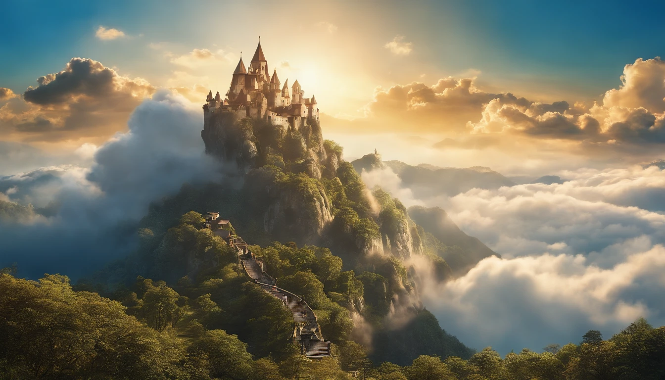 fantastic landscape, Laputa,Castle in the Sky、(City on rocks in the sky:1.6)、 the wind, cumulonimbus clouds, cirrus, Thick silhouette, Pointed silhouette, Extreme details, 8K, nffsw, film grains, colourful drawing、masutepiece、top-quality、Blue Sky Background,