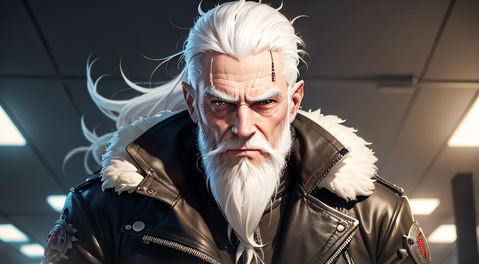 old man, white hair, long beard studding cyberpunk