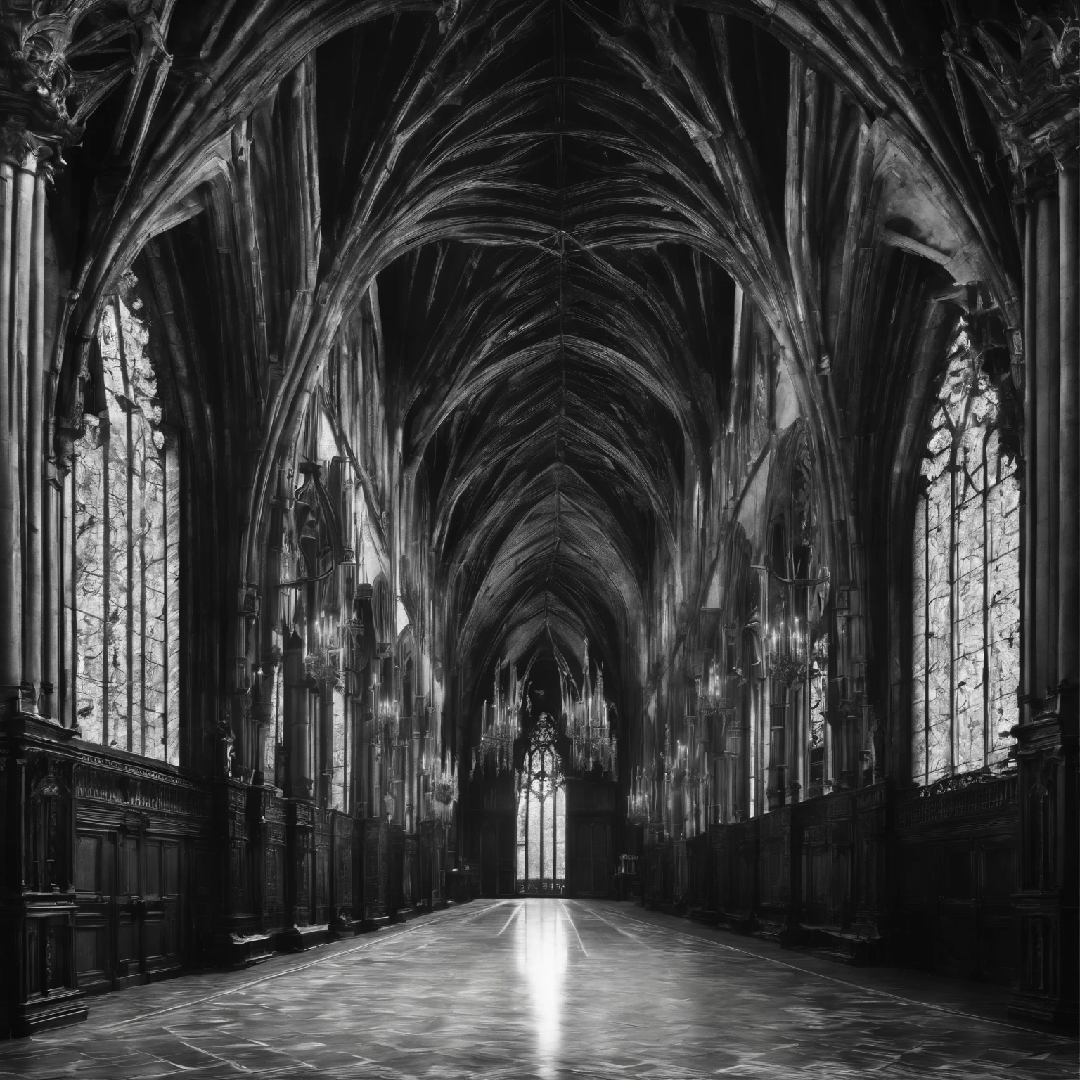 A wide and long Gothic hall with a high ceiling and numerous buttresses with columns, At the end of the hall there is a tall and wide gate made of wood.