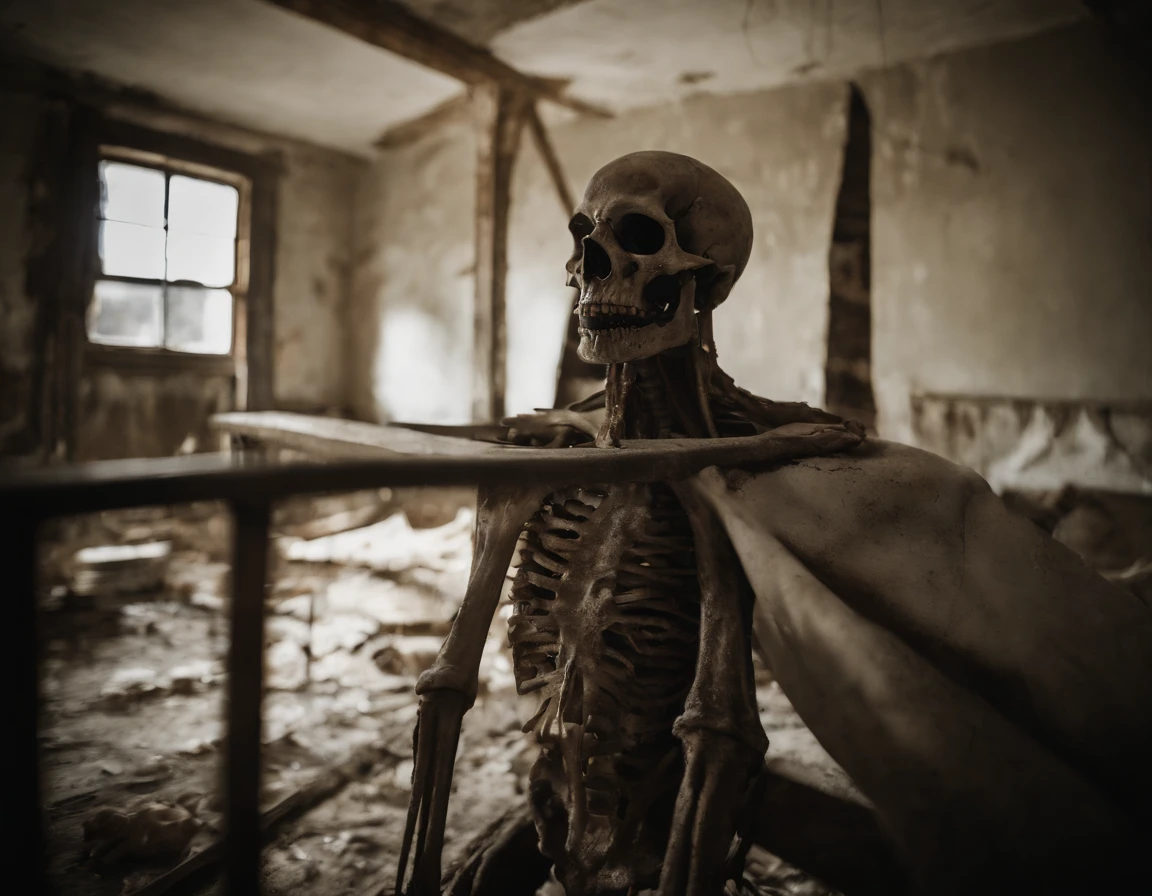 Photography of a sinister and twisted creature lurking in an abandoned, decaying building. The monster's skeletal frame is wrapped in tattered, rotting fabric, with withered limbs and elongated claws. Its eyes glow with a malevolent intensity as it peers out from a dark corner. The environment is filled with broken furniture, peeling wallpaper, and eerie shadows, creating a macabre setting. The composition is a close-up shot, highlighting the monster's grotesque details against the backdrop of decay. The lighting is dim, casting eerie illumination on the haunting scene. This photograph captures the nightmarish presence of a formidable monster haunting forgotten places