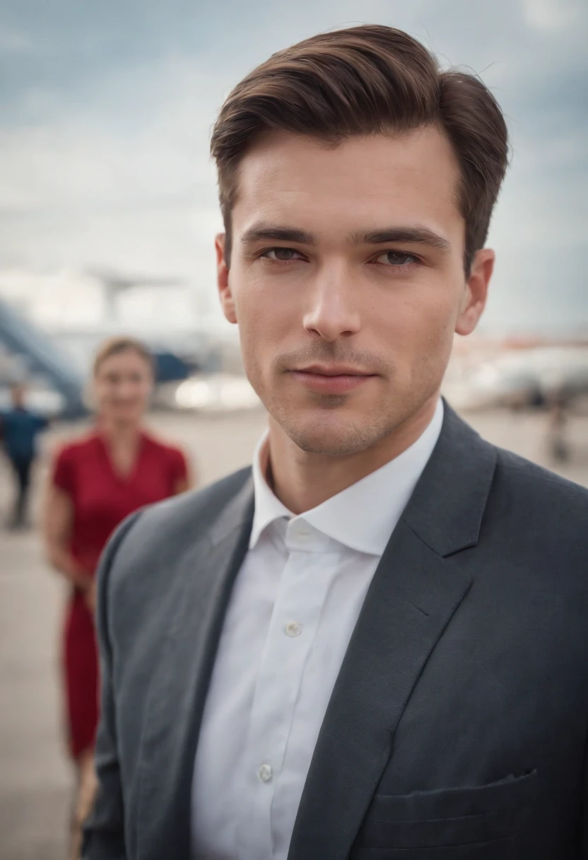 Cinematic portrait, ((medium close-up)), facing the audience, (Reality :1.3), a man looking into the camera, professional pilot, pilot costume, detailed beautiful faces, action shots, airport background, background blur, joyful atmosphere, daytime, photo realistic, CG, art station