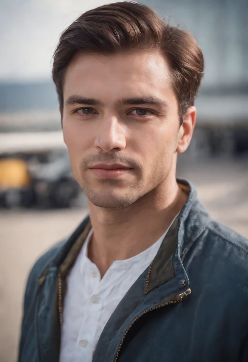 Cinematic portrait, ((medium close-up)), facing the audience, (Reality :1.3), a man looking into the camera, professional pilot, pilot costume, detailed beautiful faces, action shots, airport background, background blur, joyful atmosphere, daytime, photo realistic, CG, art station