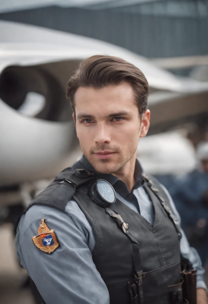 Cinematic portrait, ((medium close-up)), facing the audience, (Reality :1.3), a man looking into the camera, professional pilot, pilot costume, detailed beautiful faces, action shots, airport background, background blur, joyful atmosphere, daytime, photo realistic, CG, art station