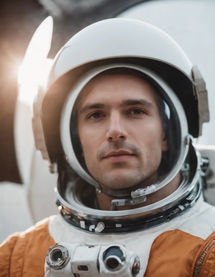 man in retro astronaut suit, without helmet, poses on photo set, side lighting, half body shot, high quality photo